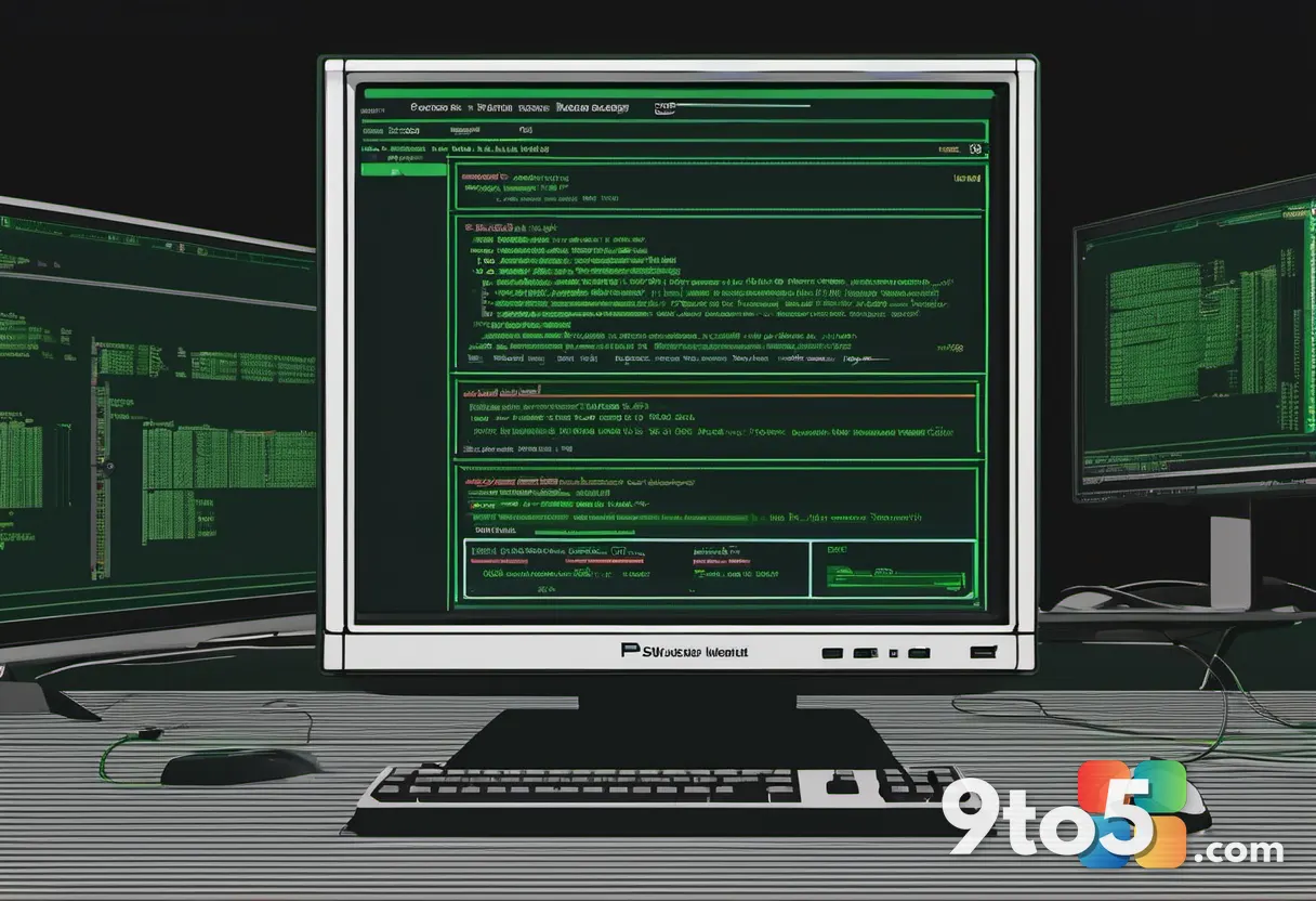 A close-up of a classic Windows Task Manager process list on a vintage CRT monitor, green text on black, retro 90s deskt