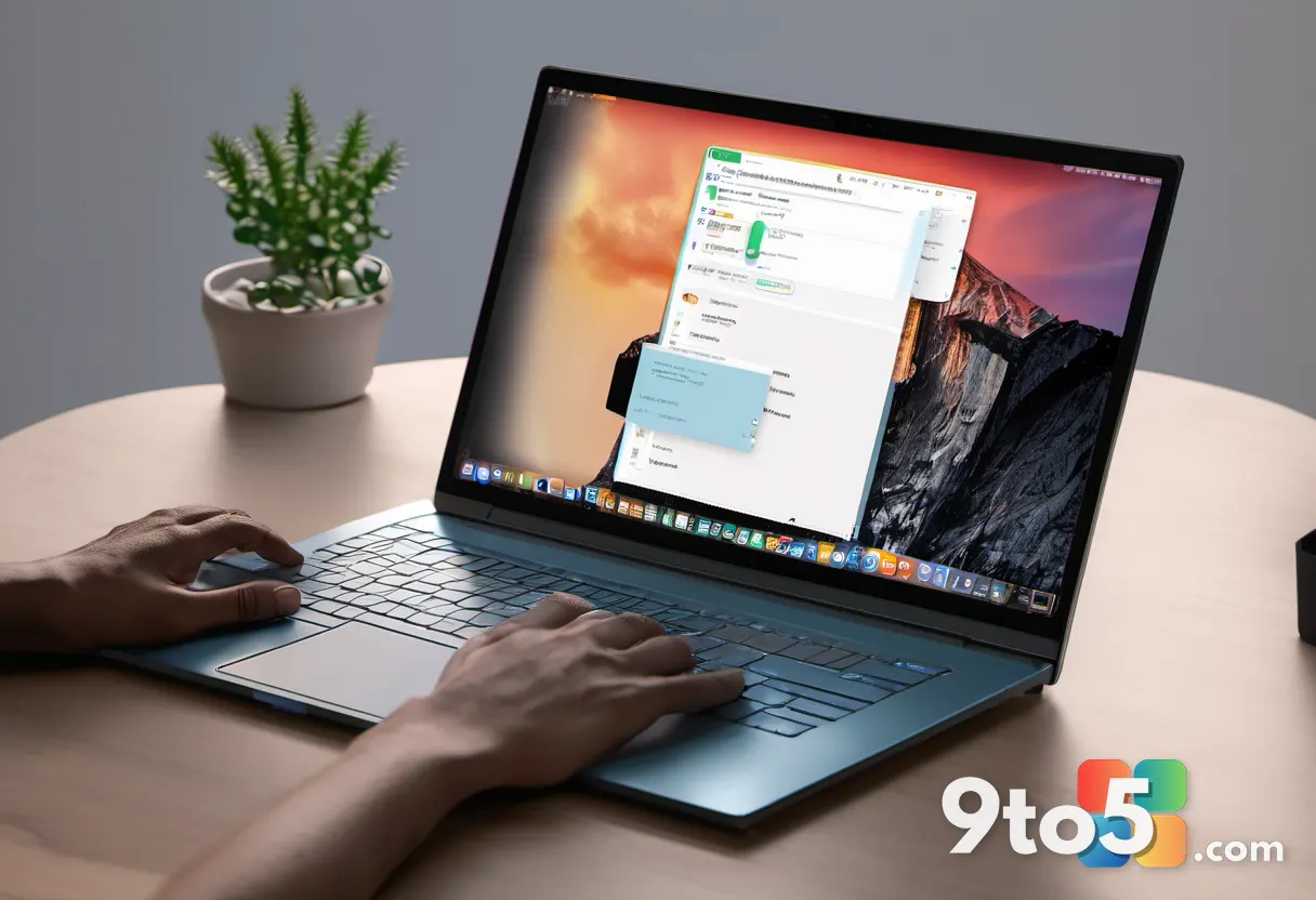 A hand reaching toward a glowing retro Task Manager window on a modern laptop, blending vintage and contemporary design,