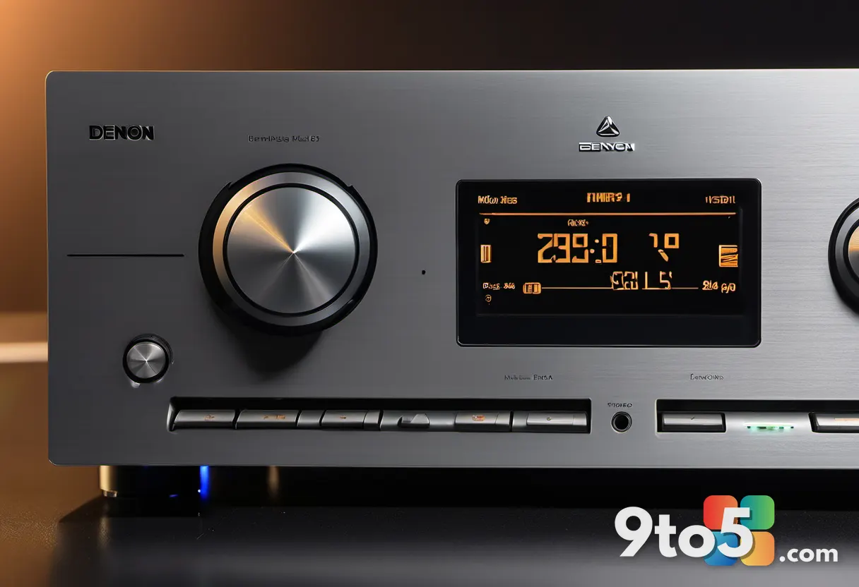 Close-up macro shot of the Denon receiver's illuminated rotary volume dial and brushed-metal front panel, soft warm glow