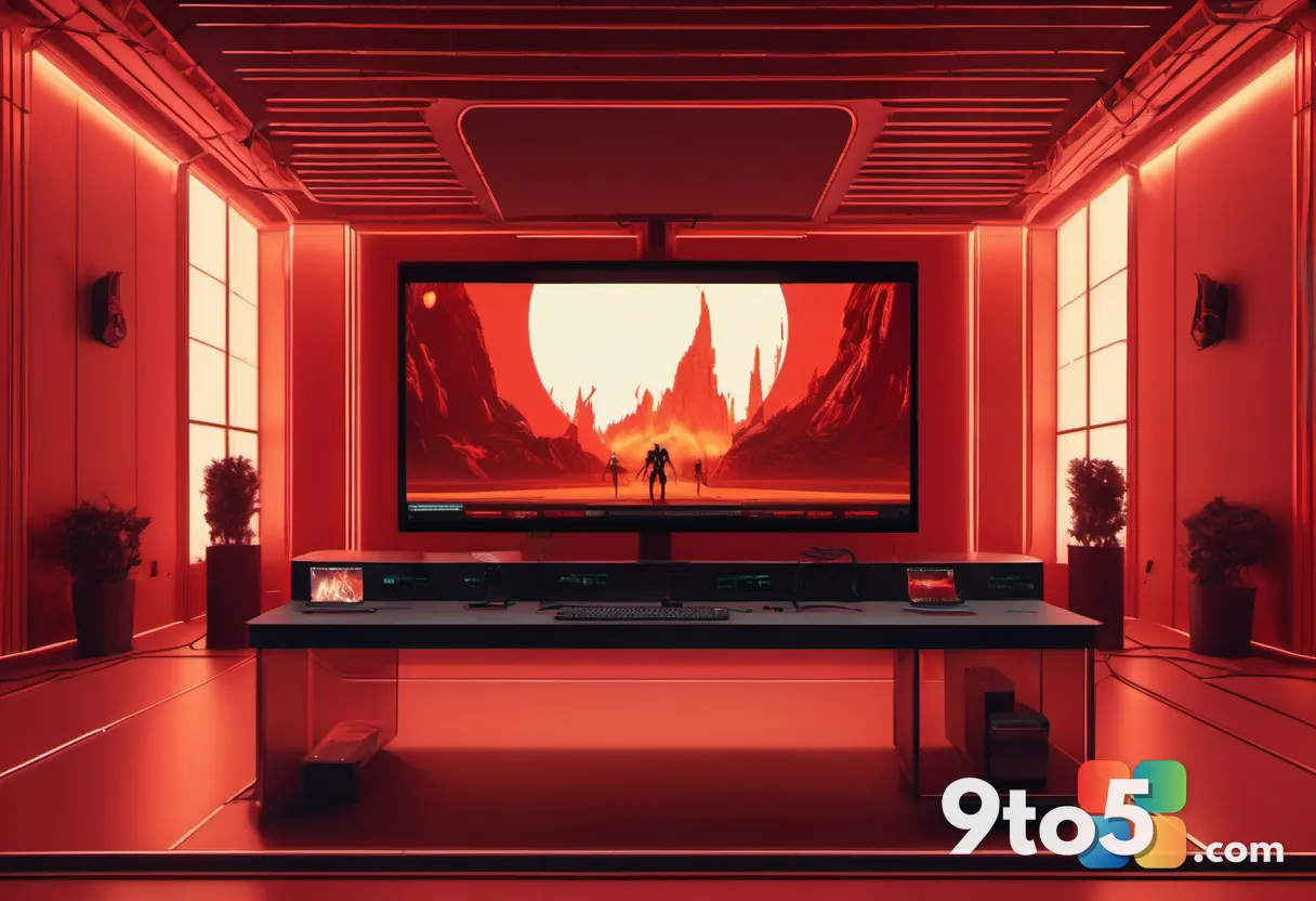 A sleek gaming convention presentation stage lit in fiery red and amber, with a large screen displaying a Diablo-style l