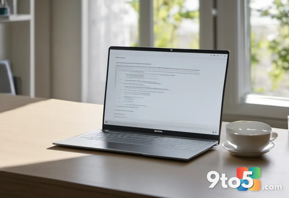 A person's hands typing on a 16-inch silver laptop in a bright home office, natural light, calm productive mood, no text