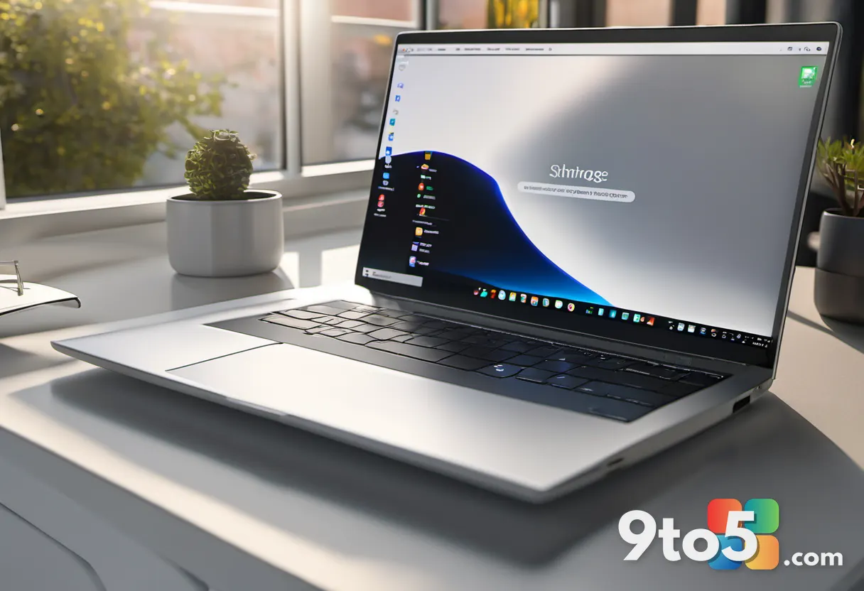 A silver laptop open on a desk showing productivity app windows in soft focus, warm ambient light, calm workspace, no te