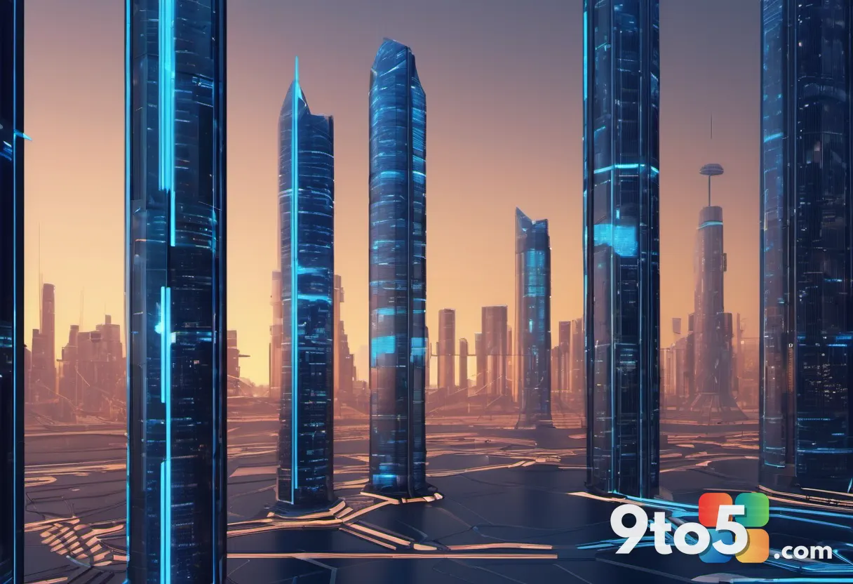A stylized digital illustration of an AI network scanning a city of server towers at night, glowing lines of data flowin