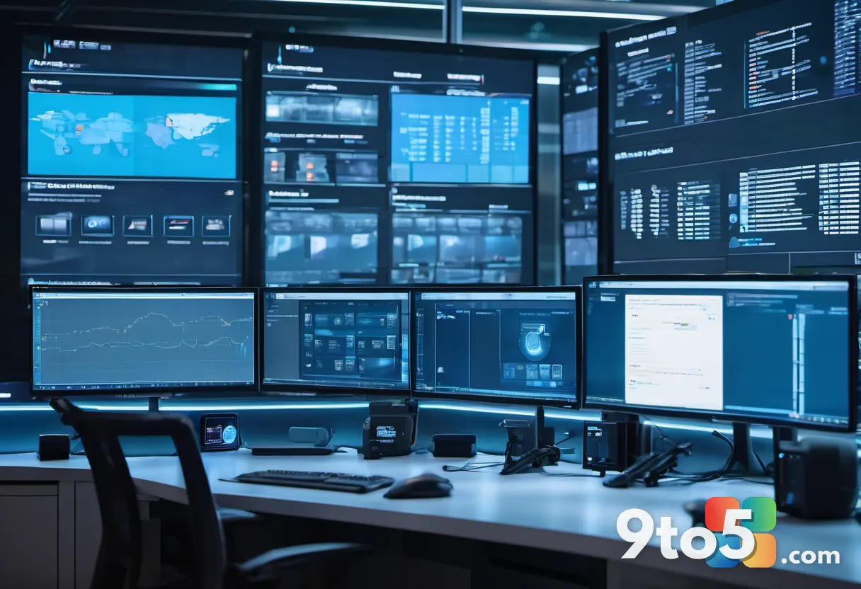 Close-up of a network operations center with rows of monitors displaying user access logs and security alerts, soft blue