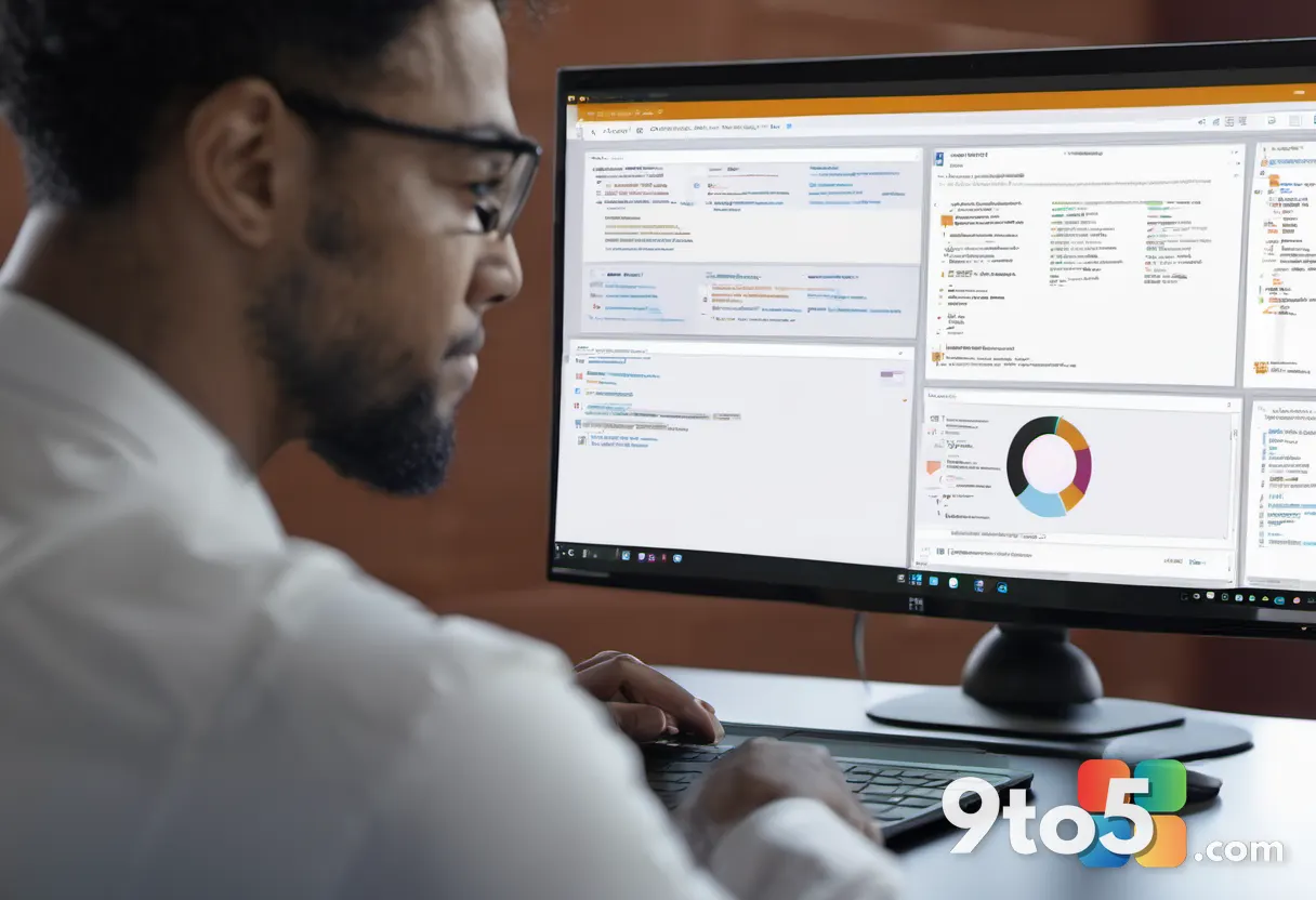 A close-up of an IT professional taking notes at a technical session, laptop open with code and Microsoft 365 icons on s