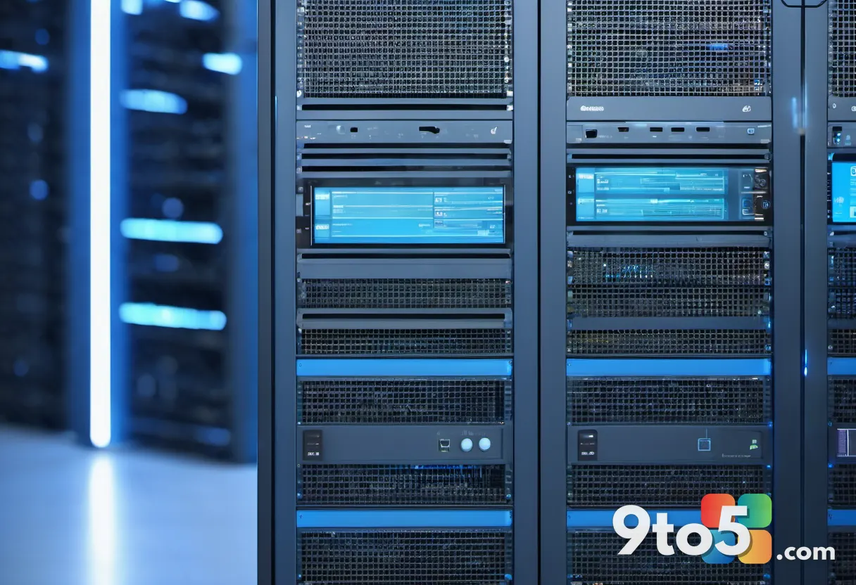 A self-hosted Nextcloud server rack with document icons flowing into it, cool blue lighting, data-privacy theme, shallow