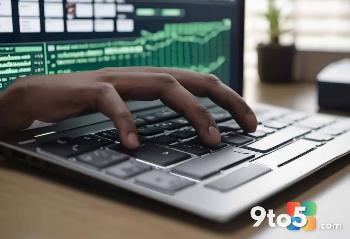 A close-up of hands typing on a laptop keyboard with an Excel window in soft focus behind it, warm office lighting, shal
