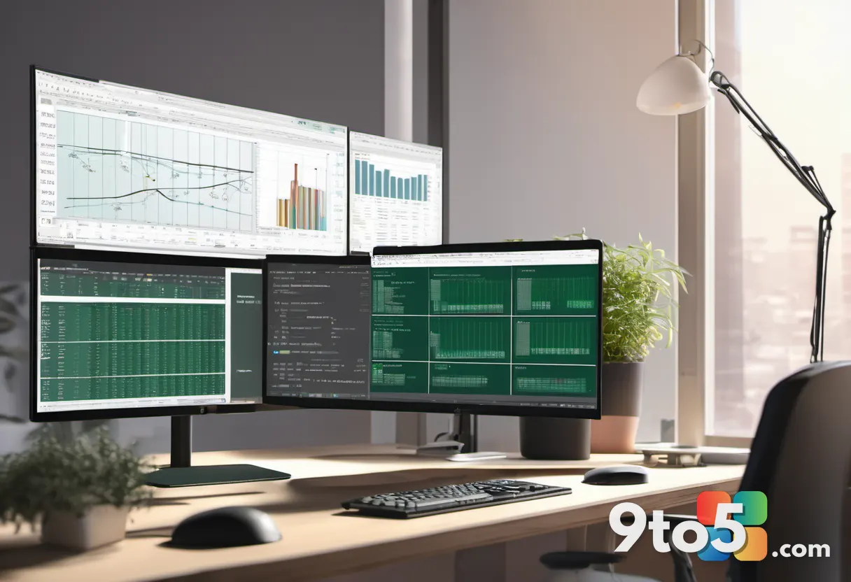 A person working at a desk, viewing an Excel spreadsheet on a monitor, thinking about organizing data. Warm office light