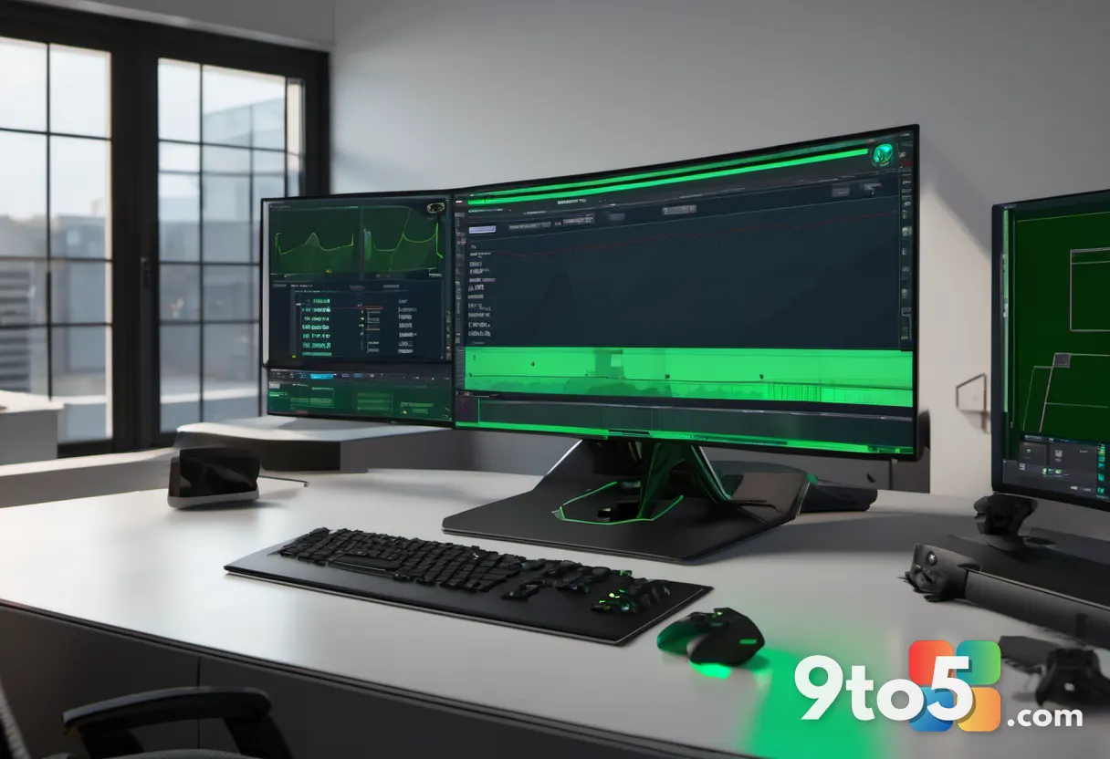 Over-the-shoulder view of a gamer watching a smooth in-game scene on a monitor, with a small green frame-rate counter sh