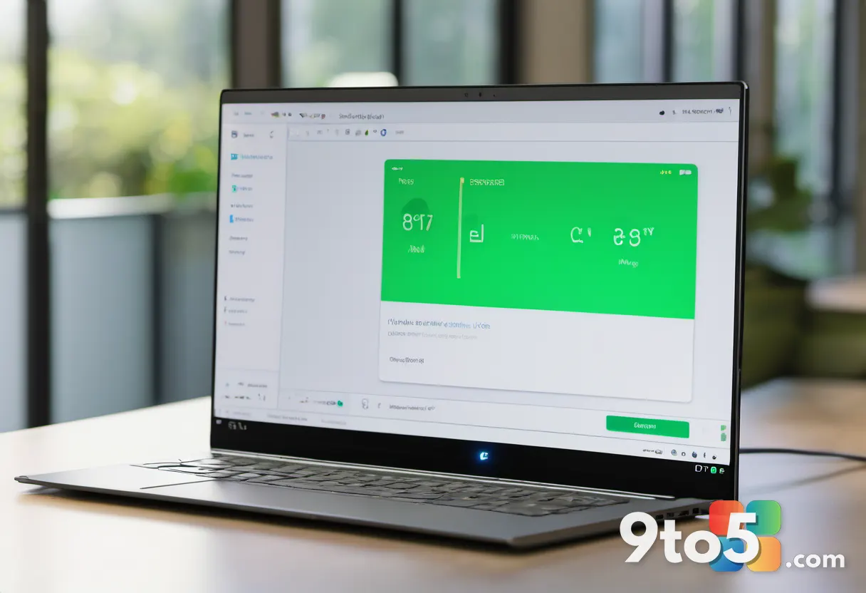 A laptop screen displaying a fully charged battery icon at 100 percent with a green charging indicator, viewed at a slig