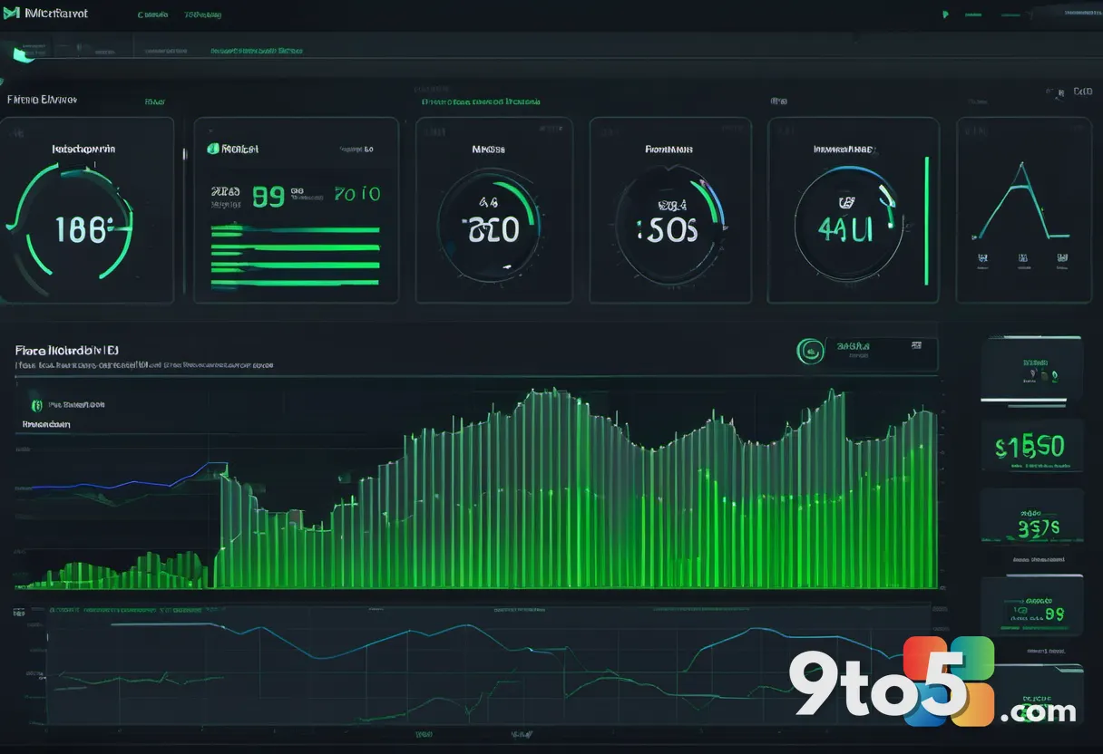 An upward-trending financial chart with glowing green arrows rising over a dark background, symbolizing AI budget growth