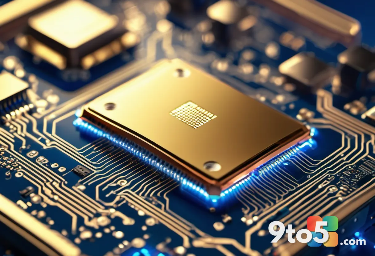 Close-up of shiny semiconductor memory chips on a circuit board, intricate gold traces, macro photography with shallow d