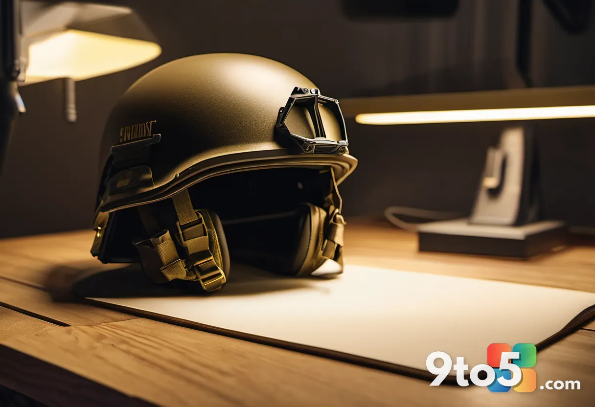 A worn military-style combat helmet and heavy rifle rest on a wooden desk beside a glowing "GOLD" stamp, editorial produ
