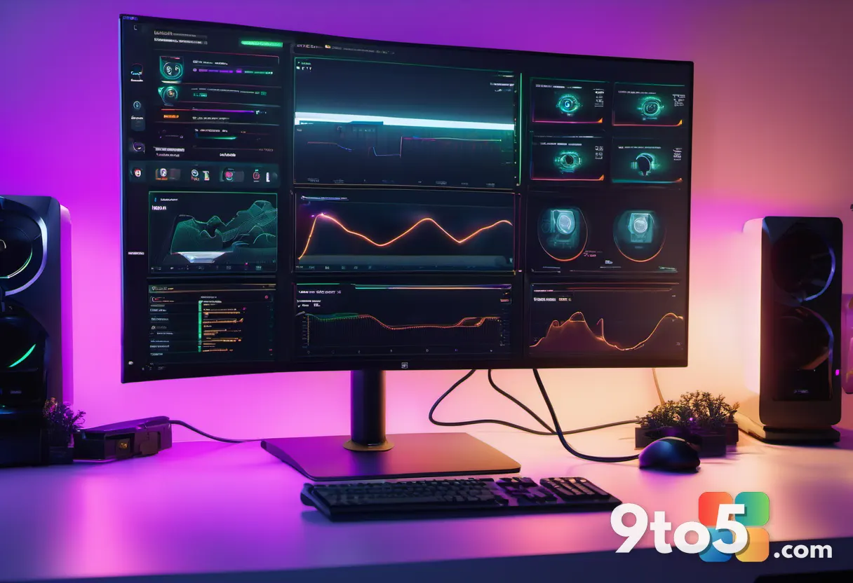 A modern PC gaming rig bathed in warm desk lighting, monitor glowing with system-spec charts, editorial tech photography