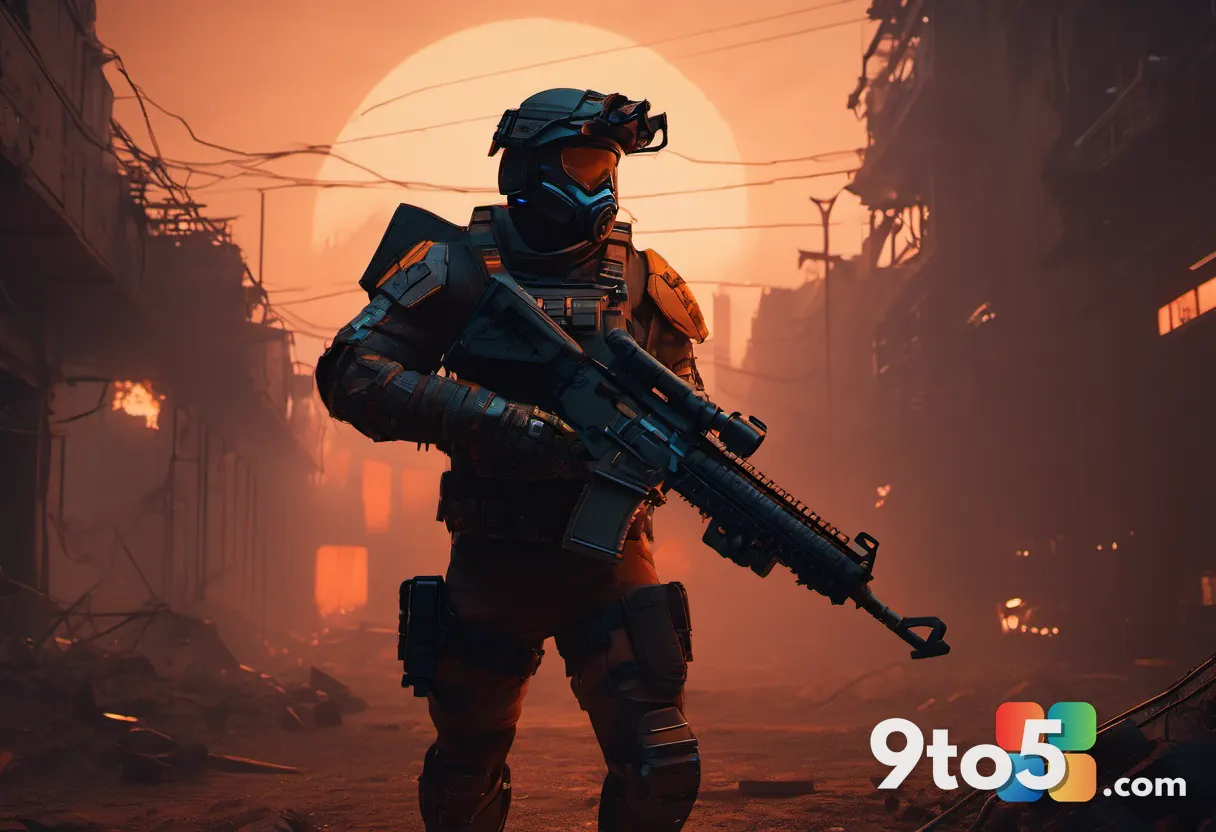 A gritty sci-fi battlefield with a heavily armored soldier wielding a chainsaw shotgun amid smoking ruins and orange fir