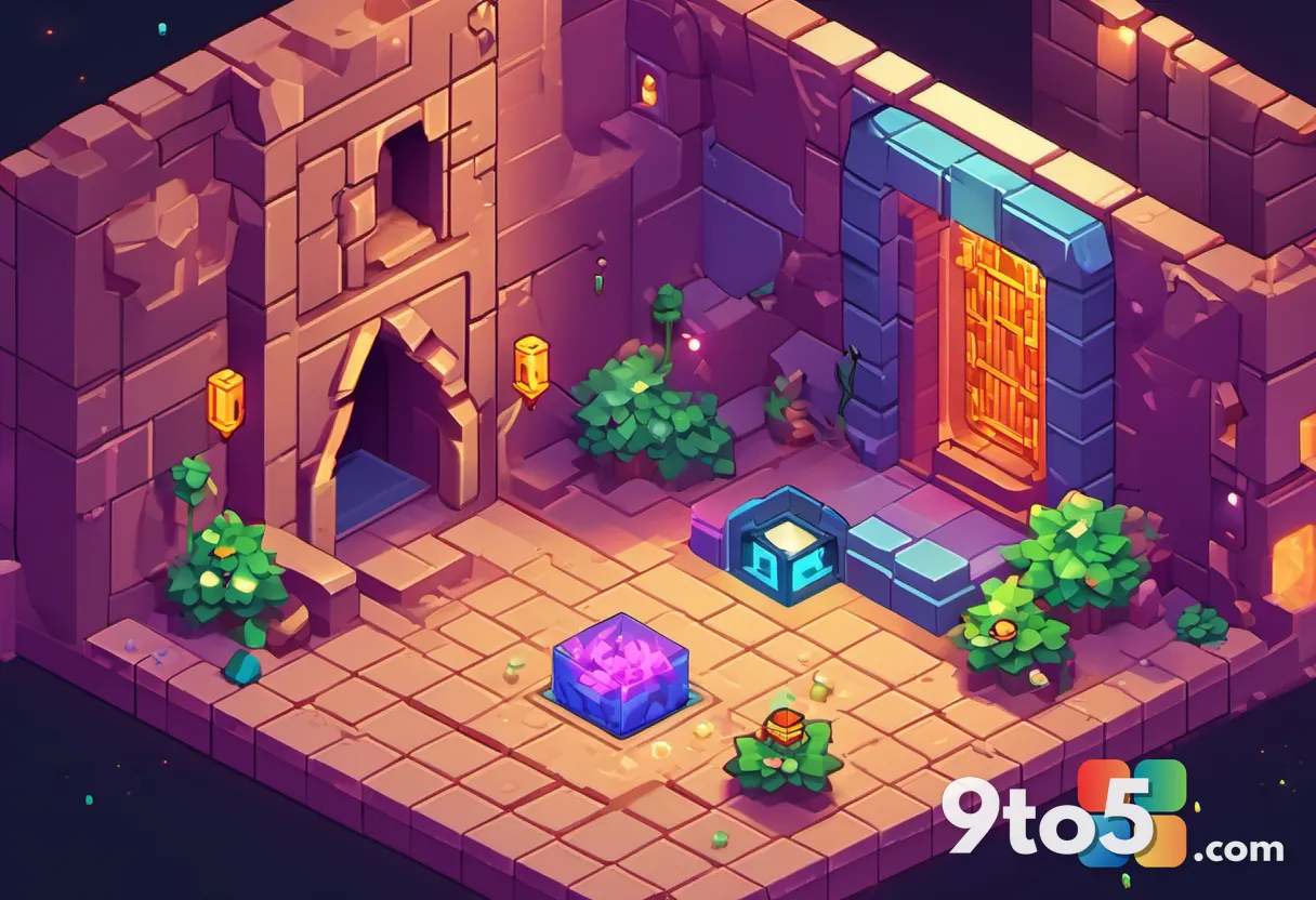A blocky, colorful dungeon-crawler scene with pixelated characters exploring a glowing cavern filled with loot and cryst