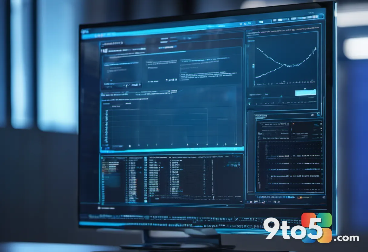 Close-up of a computer monitor showing columns of code with a small floating AI suggestion panel, cool blue lighting, sh