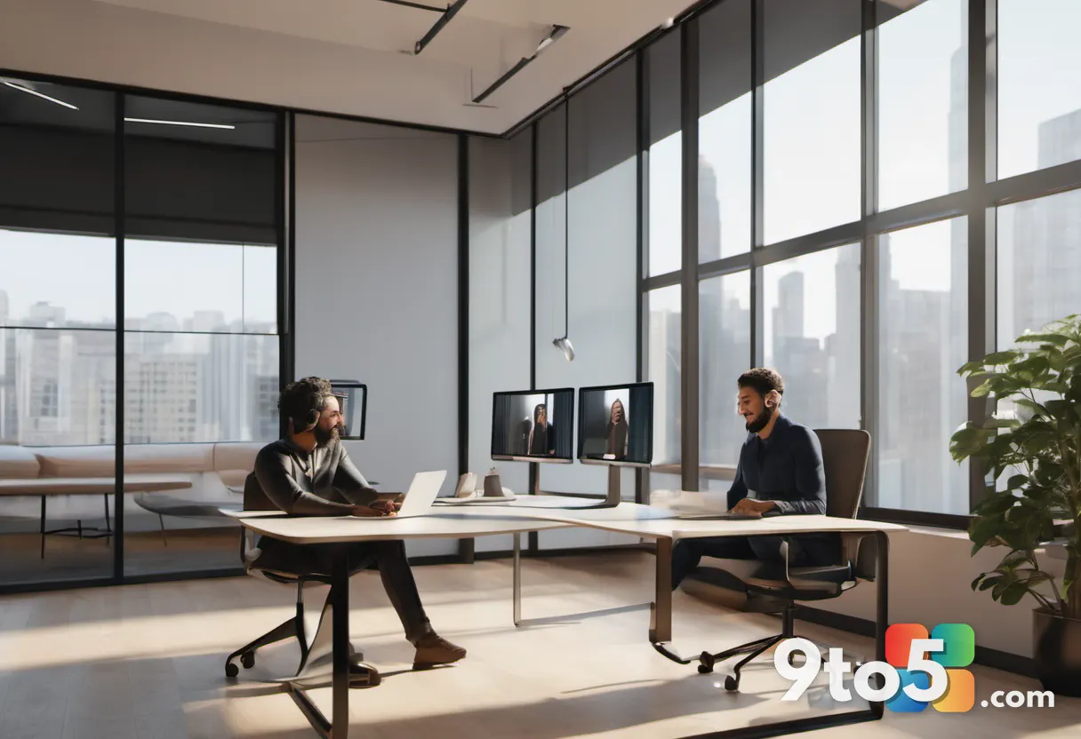 Two professionals in separate modern offices gesturing toward their screens during an immersive 3D video call, warm natu