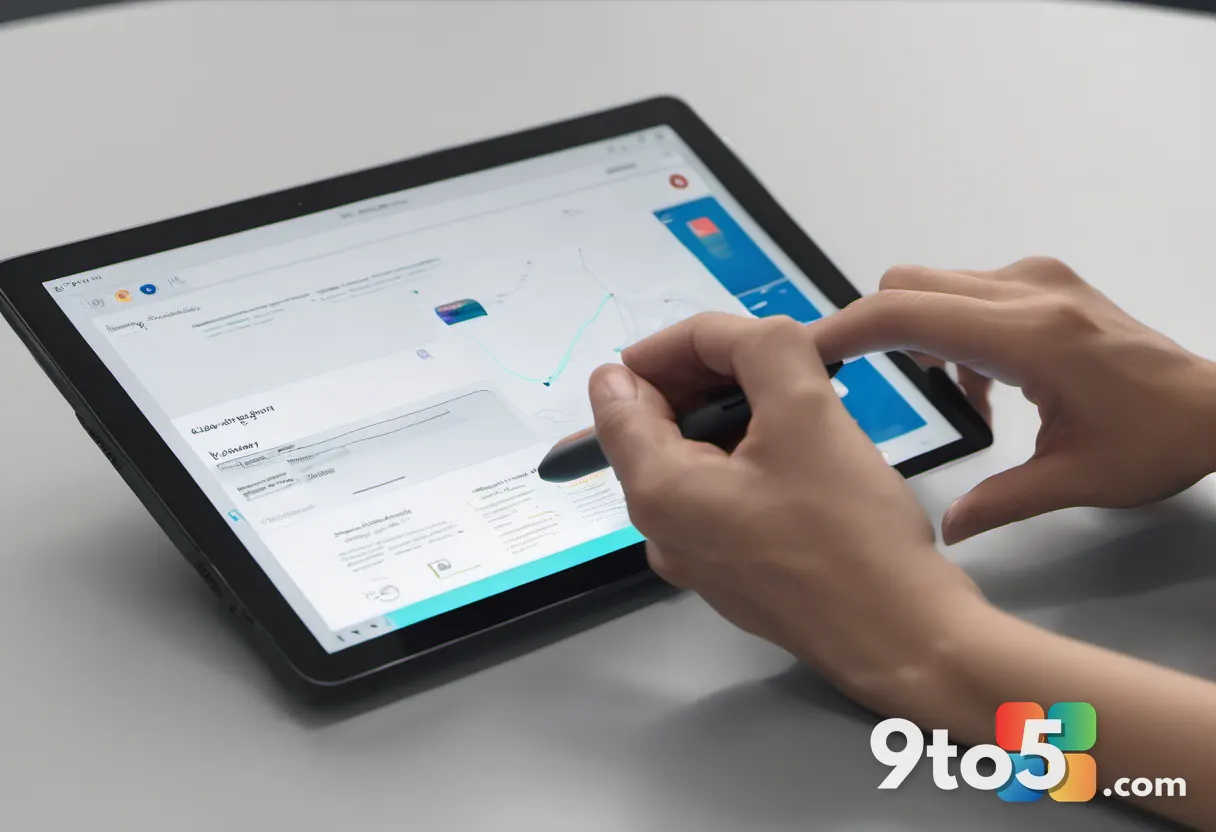 A close-up of a hand using a stylus on a tablet, creating a social-media graphic with AI-assisted templates, warm studio