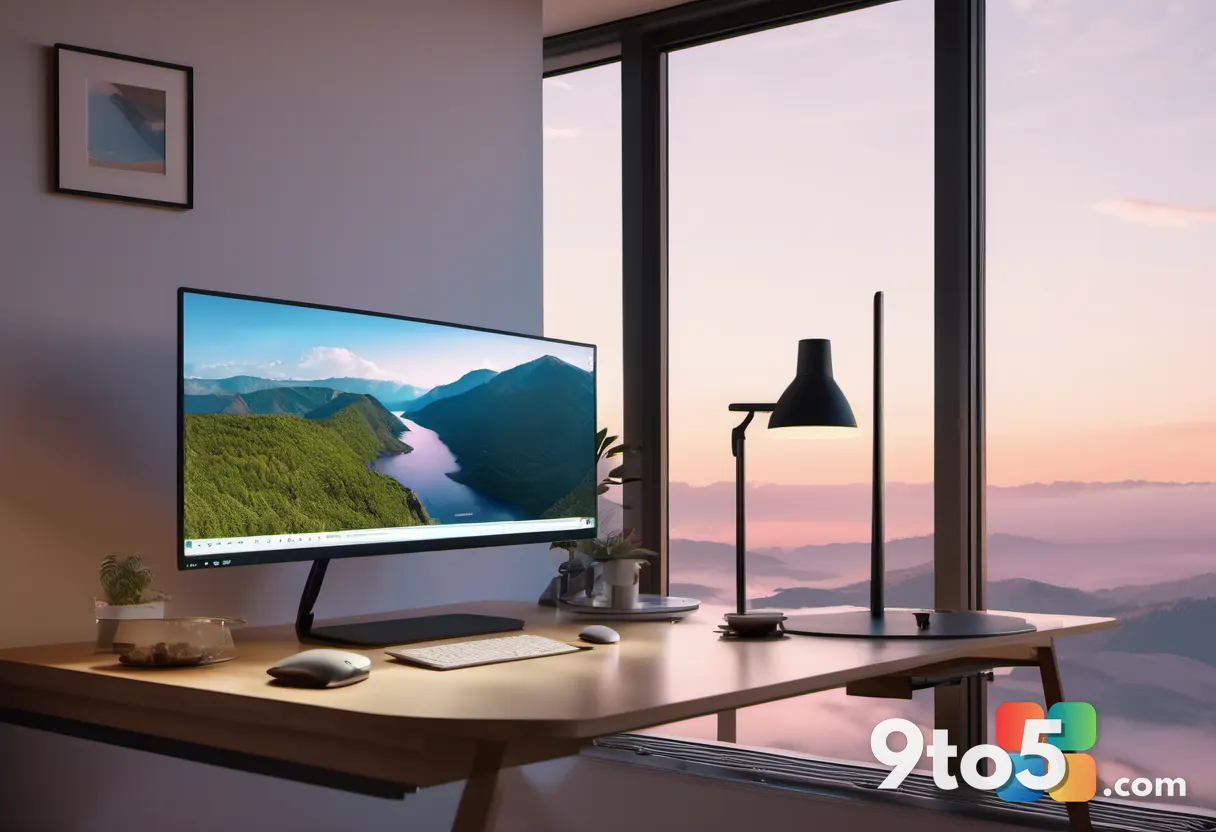 A person viewing a calibrated desktop monitor showing a vibrant, natural-color landscape photo, soft home-office backgro