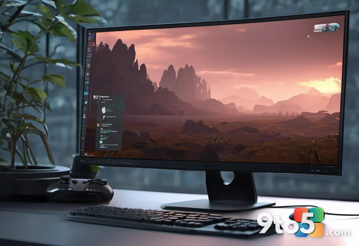 A gamer's view of a smooth action game on a 144Hz monitor, warm room lighting, hands on a controller, shallow depth of f