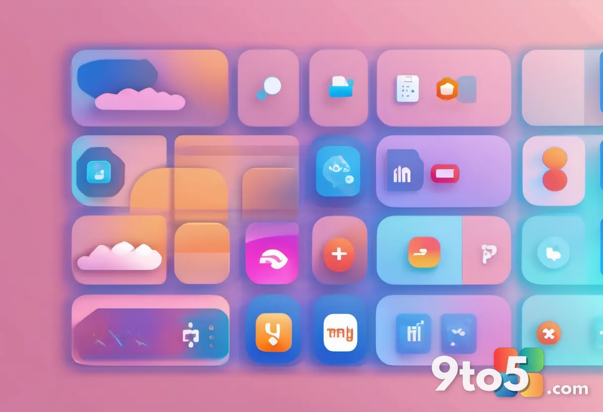 A person's hands organizing colorful rounded app icons onto a translucent floating grid against a calm blue gradient, mi