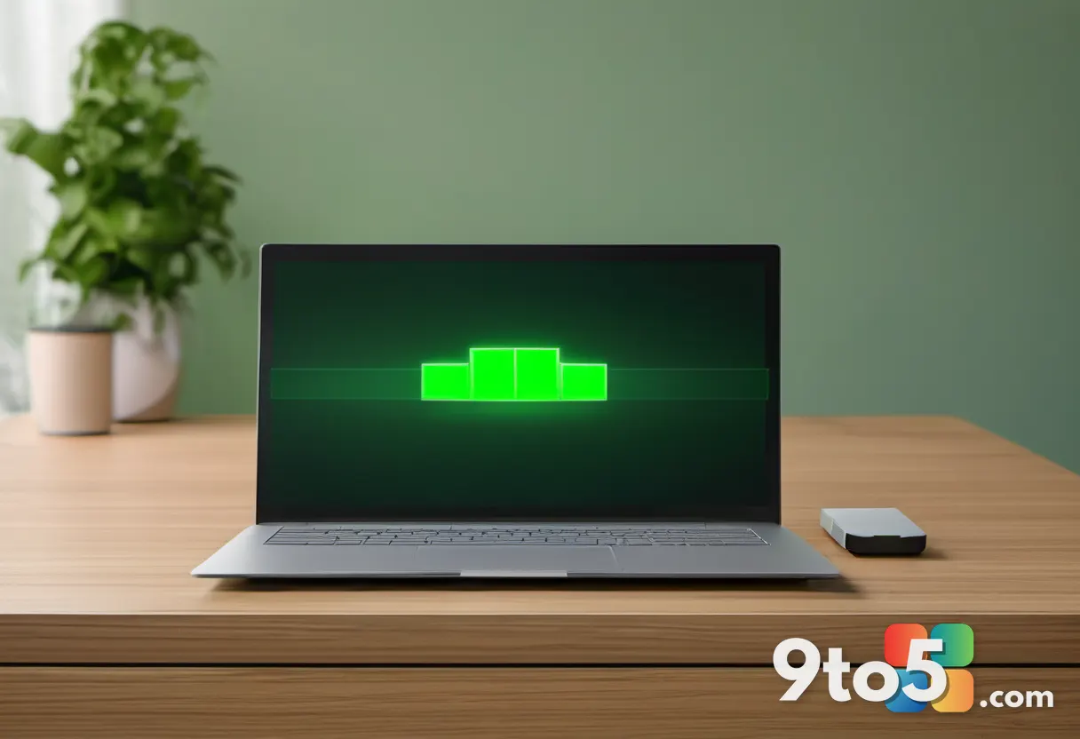 A laptop on a wooden desk showing a full green battery charge indicator at 100 percent with a clean desktop wallpaper, n
