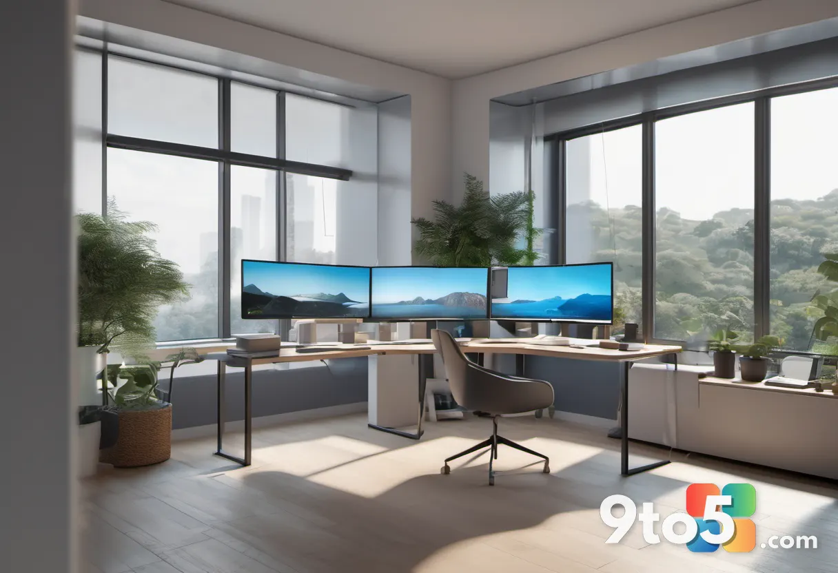 A modern home office with two side-by-side monitors each displaying full-screen app windows, natural daylight, tidy desk