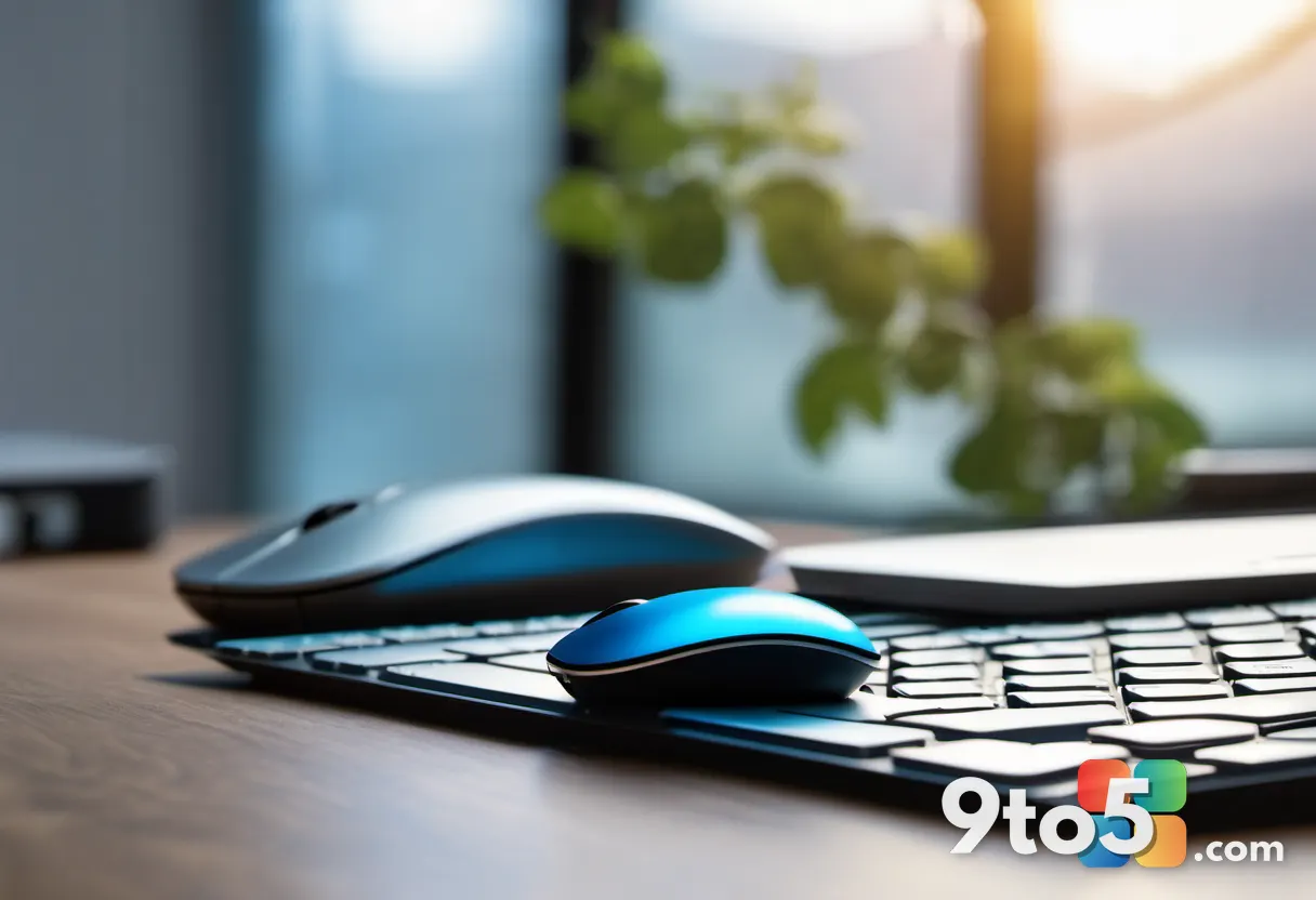 A close-up of a silver keyboard and mouse on a warm wooden desk with a soft-focus blue Windows glow in the background, n