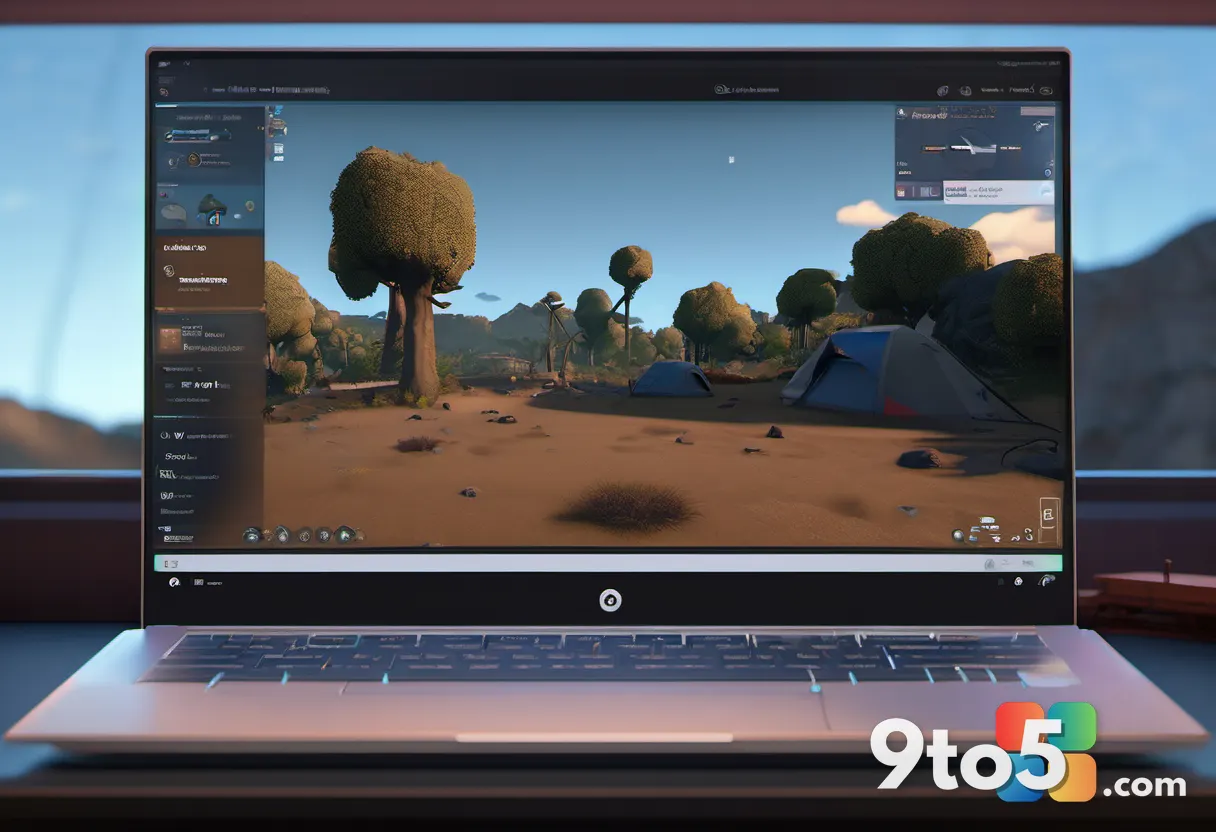 Laptop screen showing a Steam game's progress bar mid-transfer with a destination drive selected, realistic UI, warm amb