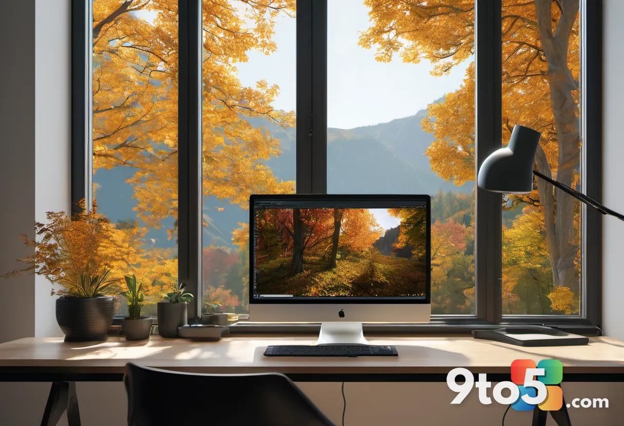 A monitor displaying a vibrant HDR nature scene with bright sunlit leaves and detailed dark foliage, viewed at an angle 