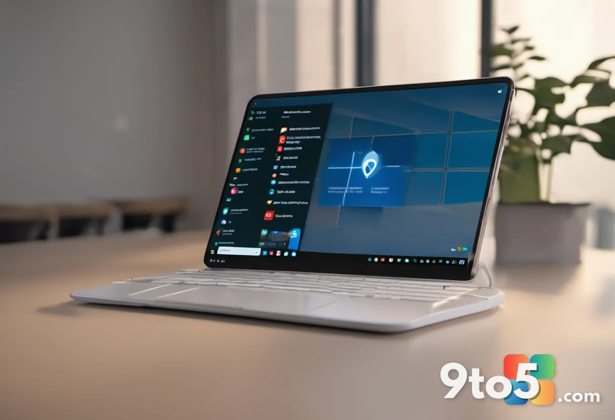 A smartphone held over a laptop, phone screen showing a connected Wi-Fi network named after the PC, warm natural lightin