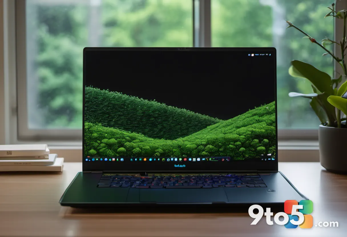 Close-up of a laptop OLED screen showing a vivid nature photo with deep blacks and bright highlights, shallow depth of f