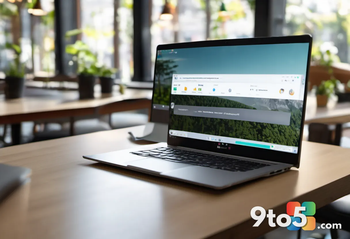 A slim silver laptop being carried by a hand in a bright, airy coffee shop, casual student workspace vibe, soft daylight