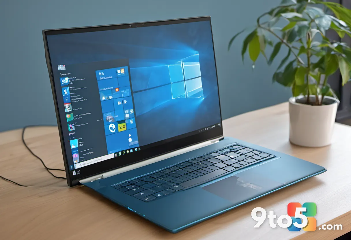 A laptop screen showing Windows Device Manager with a highlighted Wi-Fi adapter, soft blue interface glow, blurred offic
