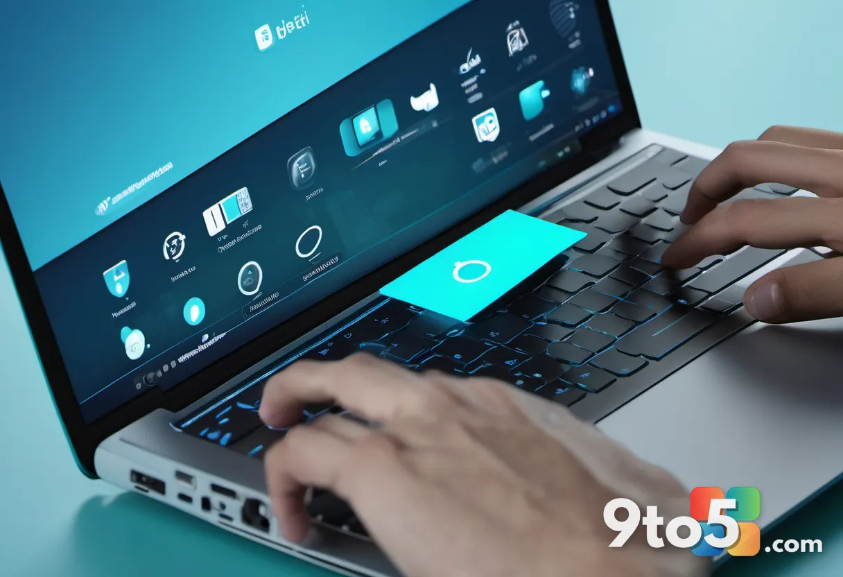 Close-up of hands typing on a laptop keyboard with translucent Wi-Fi and Bluetooth signal icons floating above, cool blu