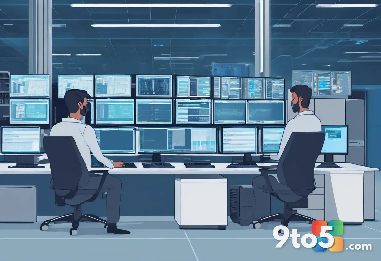An IT administrator at a console in a server room, multiple monitors showing network and authentication dashboards, cool