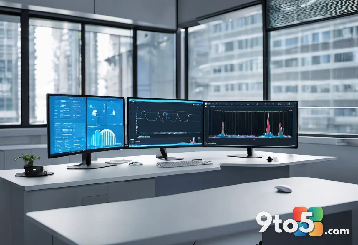 A clean laboratory desk with two identical desktop computers side by side, monitors displaying benchmark charts and spee