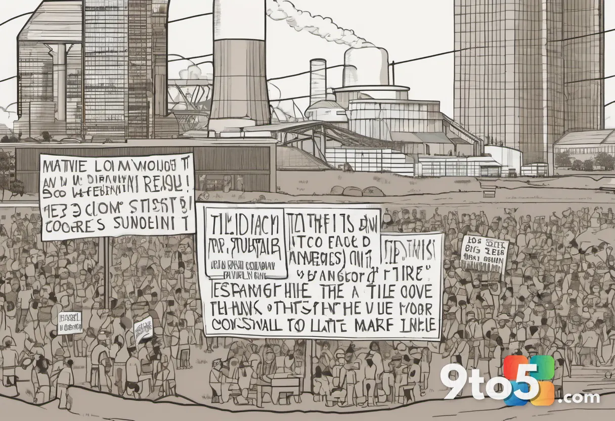 Close-up of a handwritten protest placard held aloft reading about water conservation, with a blurred crowd and cooling 