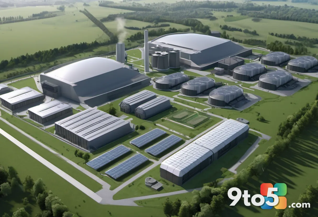 Aerial view of a large data center campus with rows of cooling towers and server buildings, set against a rural English 