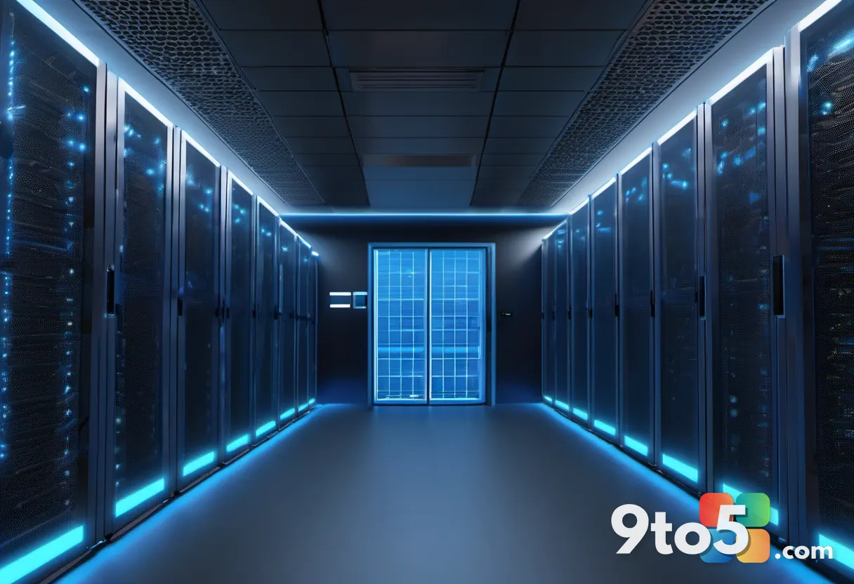 Microsoft Azure-style cloud server racks glowing blue in a dark data center, with a small OpenAI logo-shaped light panel