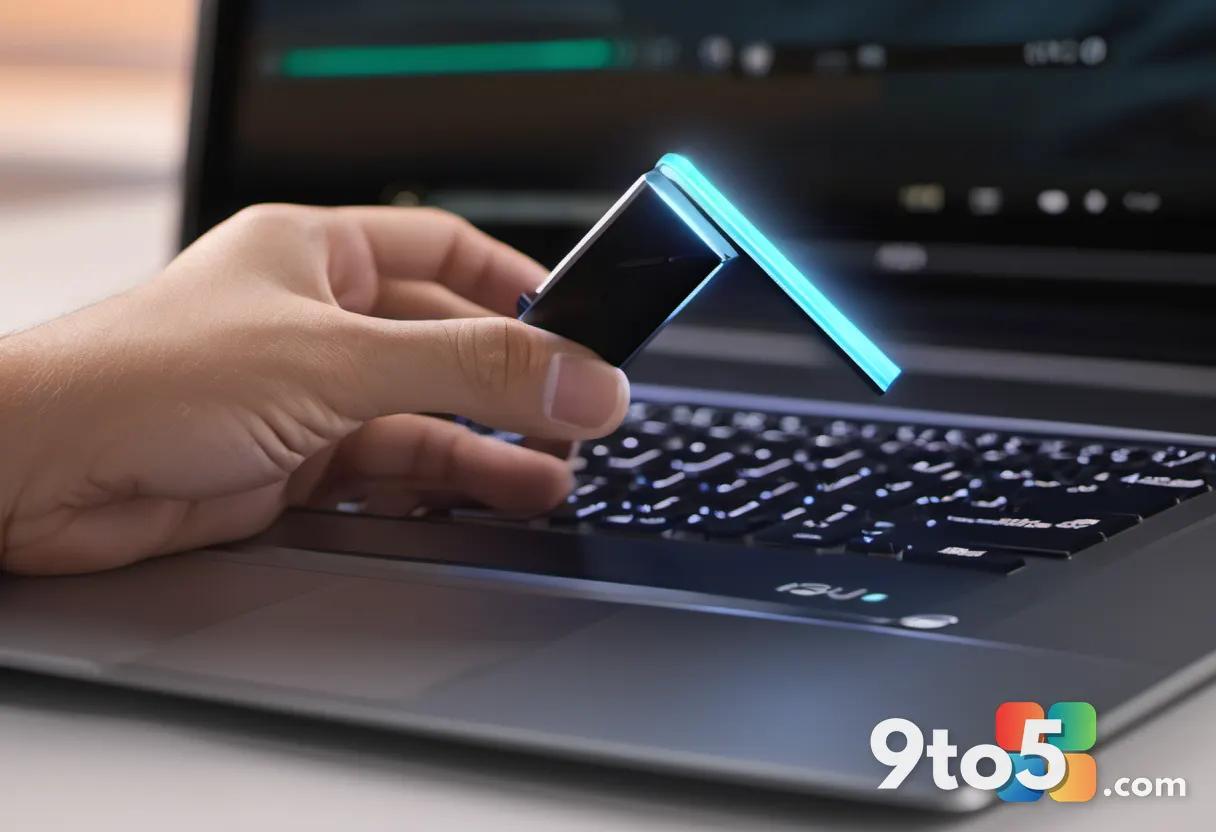 A hand plugging a bootable USB drive into a laptop port, Windows 11 setup screen glowing in the background, shallow dept