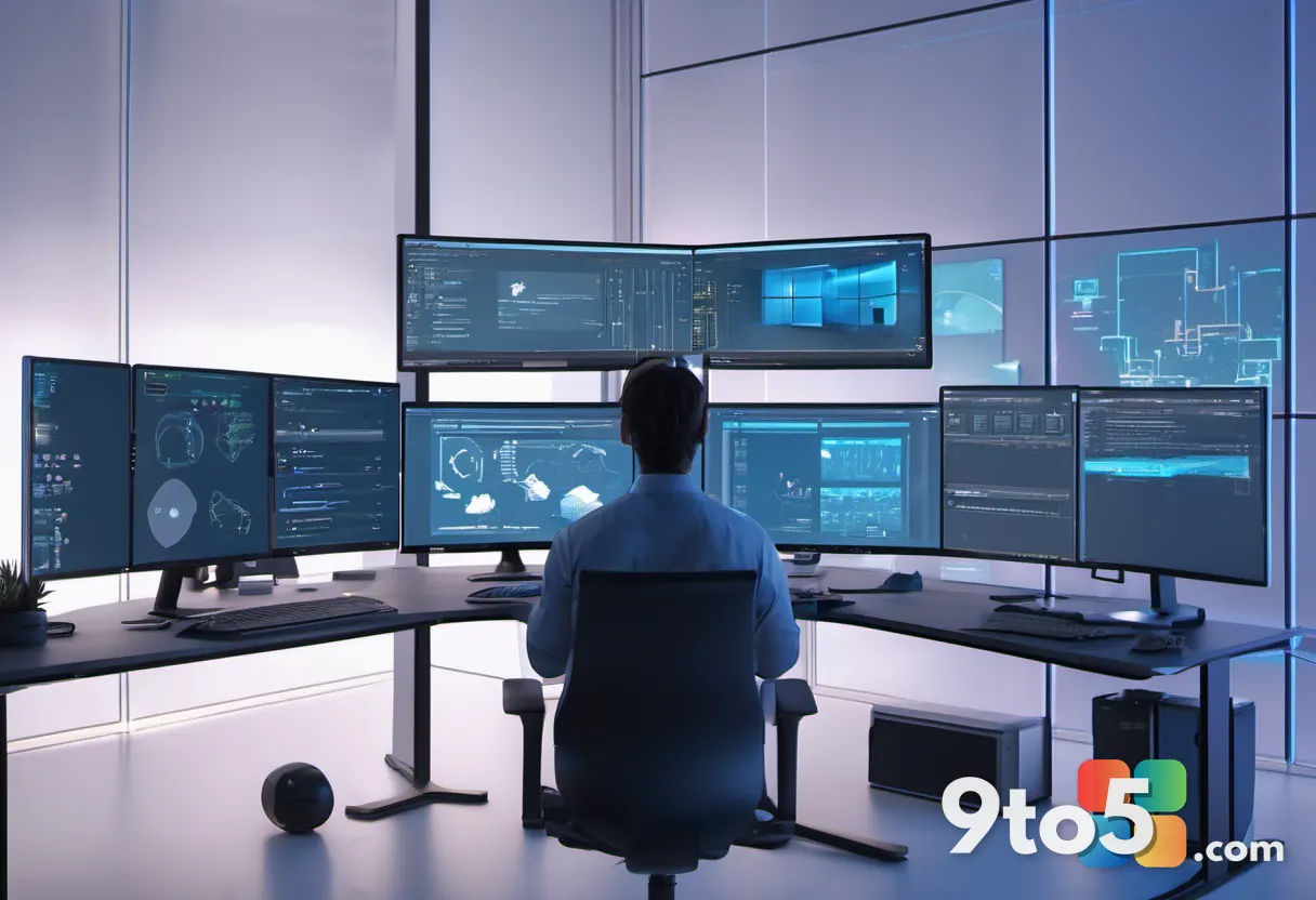 Developer working at a desk with multiple monitors showing code and AI agent workflow diagrams, soft blue lighting, focu
