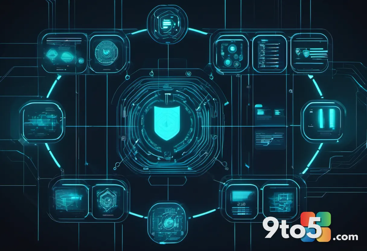 Abstract visualization of AI agents connecting enterprise software icons through glowing lines, dark background with neo