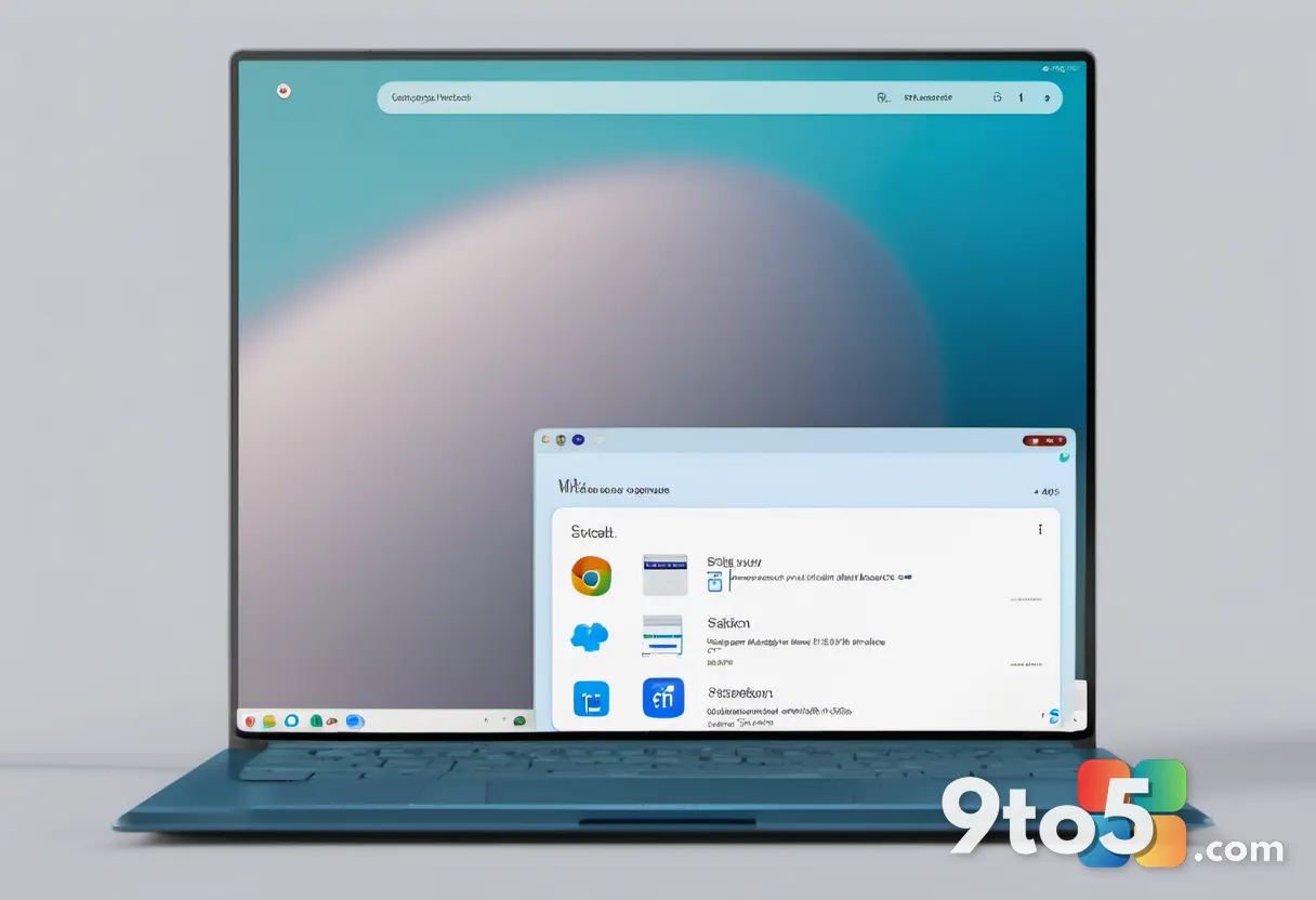 A close-up of a laptop screen displaying the Windows 11 taskbar with three small companion app icons, soft blue desktop 