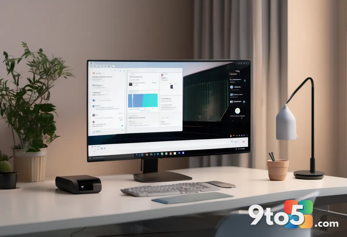 A person working at a desk during a video call, glancing at a contact card on their monitor, warm office lighting, candi