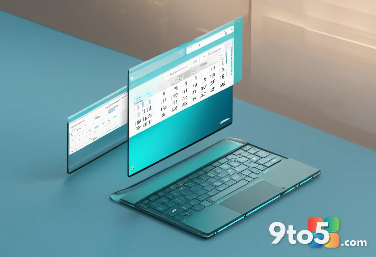 A calendar and file-folder icon floating above a Windows 11 desktop, translucent glassy UI panels, cool blue and teal to