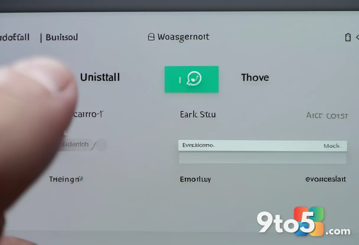 A hand clicking an Uninstall button on a Windows 11 settings screen, soft focus background, clean modern interface, warm