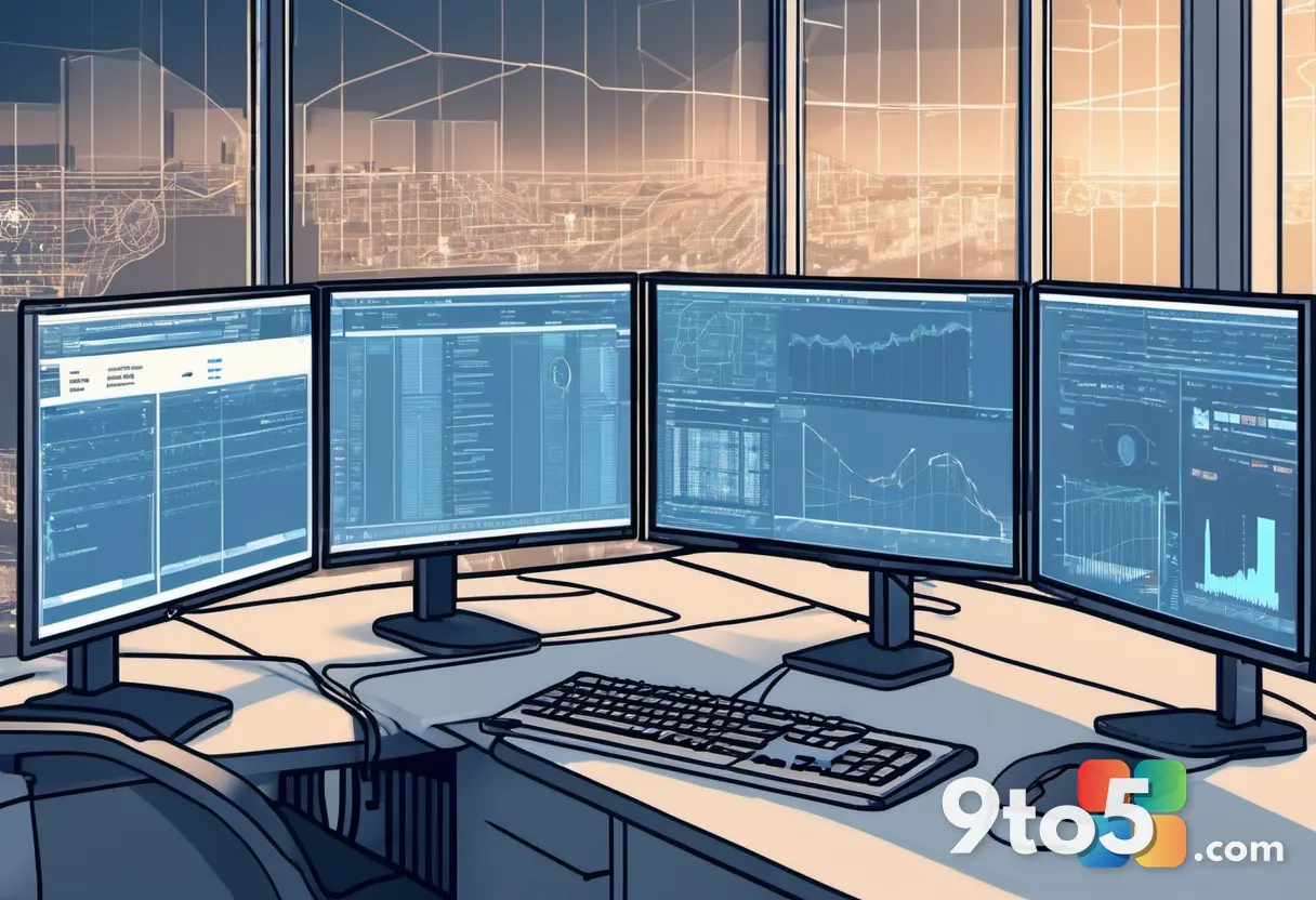 A close-up of an IT administrator's hands on a keyboard, multiple monitors showing network diagrams and DNS records, in