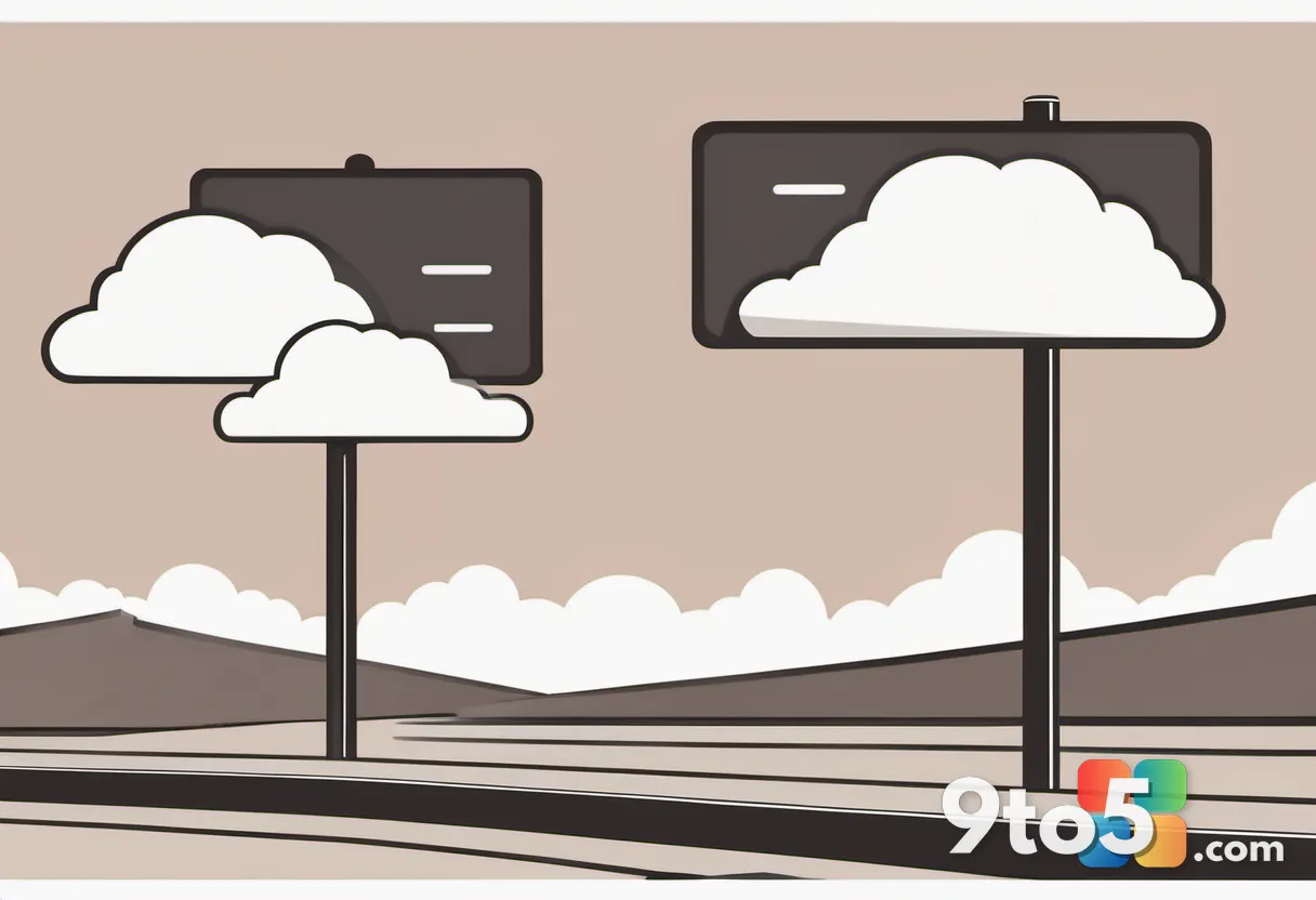 An abstract illustration of a road sign pointing in two directions with a cloud marker, symbolizing a routing change, on